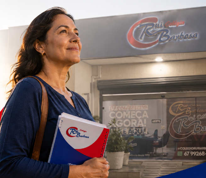 Mulher segurando caderno do Colégio Rui Barbosa em frente à fachada da escola